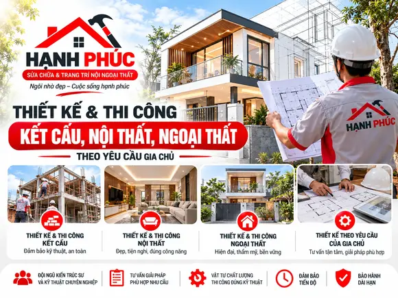Thiết Kế Và Thi Công Kết Cấu, Nội Thất, Ngoại Thất Theo Yêu Cầu Gia Chủ – Hạnh Phúc